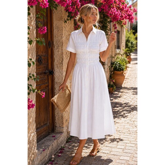 J. Crew Dresses & Skirts - J Crew Elsie Shirt Dress Womens XL White Cotton Poplin Smocked Button Up CP995